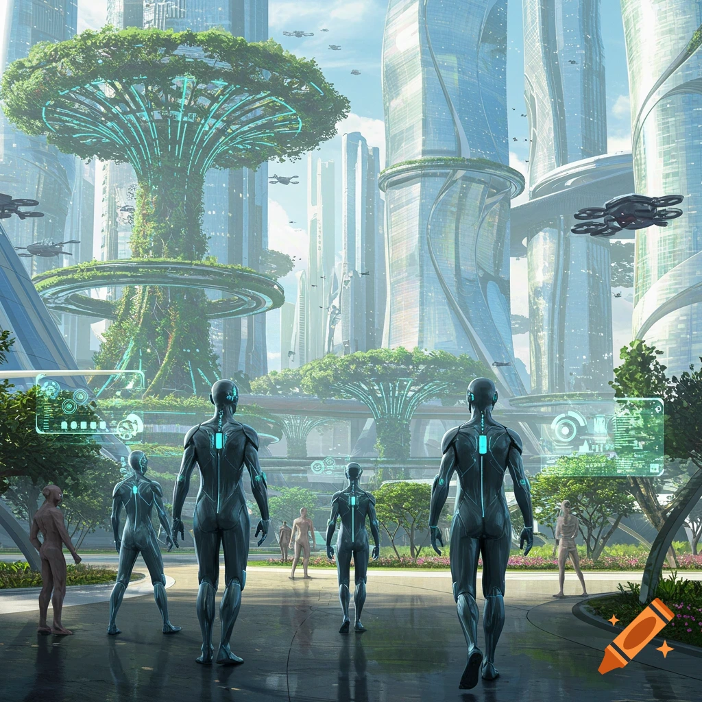 Humanoid figures stand in a vibrant, futuristic city with towering green-integrated skyscrapers and flying vehicles.