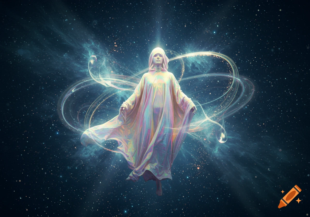 An ethereal robed figure with an iridescent glow floats in a cosmic starry background with swirling light.