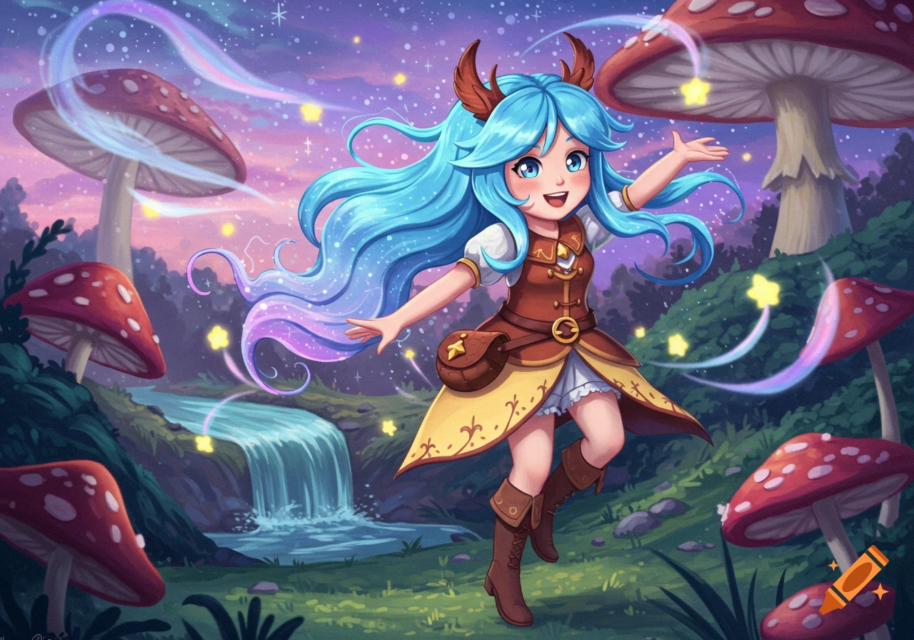 Cute anime girl with blue hair and horns in a magical mushroom forest with a waterfall under a starry sky.