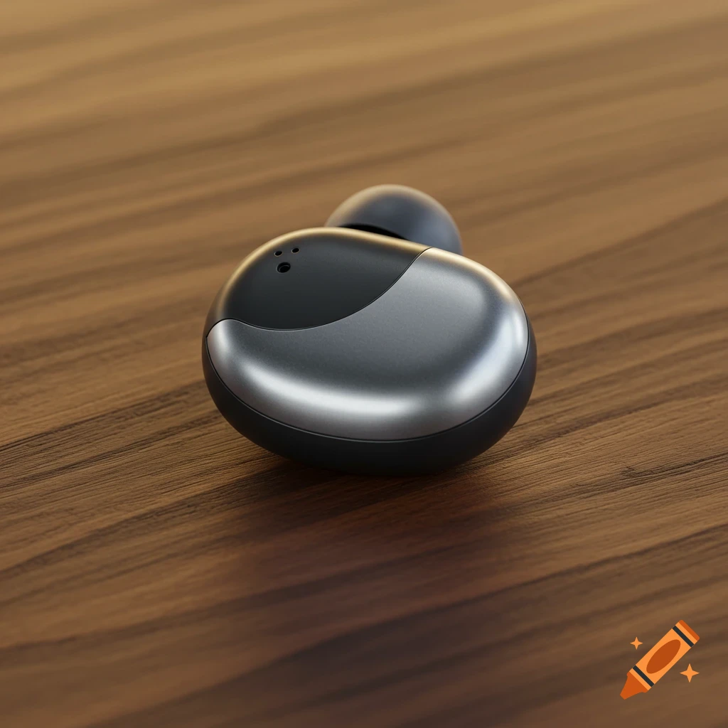 A close-up, photorealistic shot of a sleek, dark gray earbud on a wooden table.