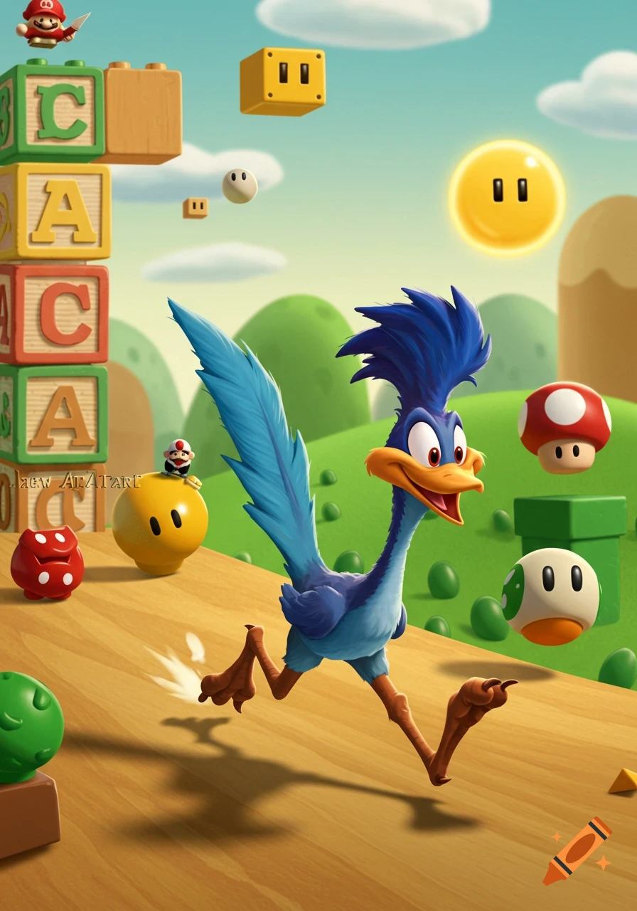 Roadrunner runs through a vibrant Super Mario Bros. themed world with floating coins, mushrooms, and stacked ABC blocks, with Mario at the top.