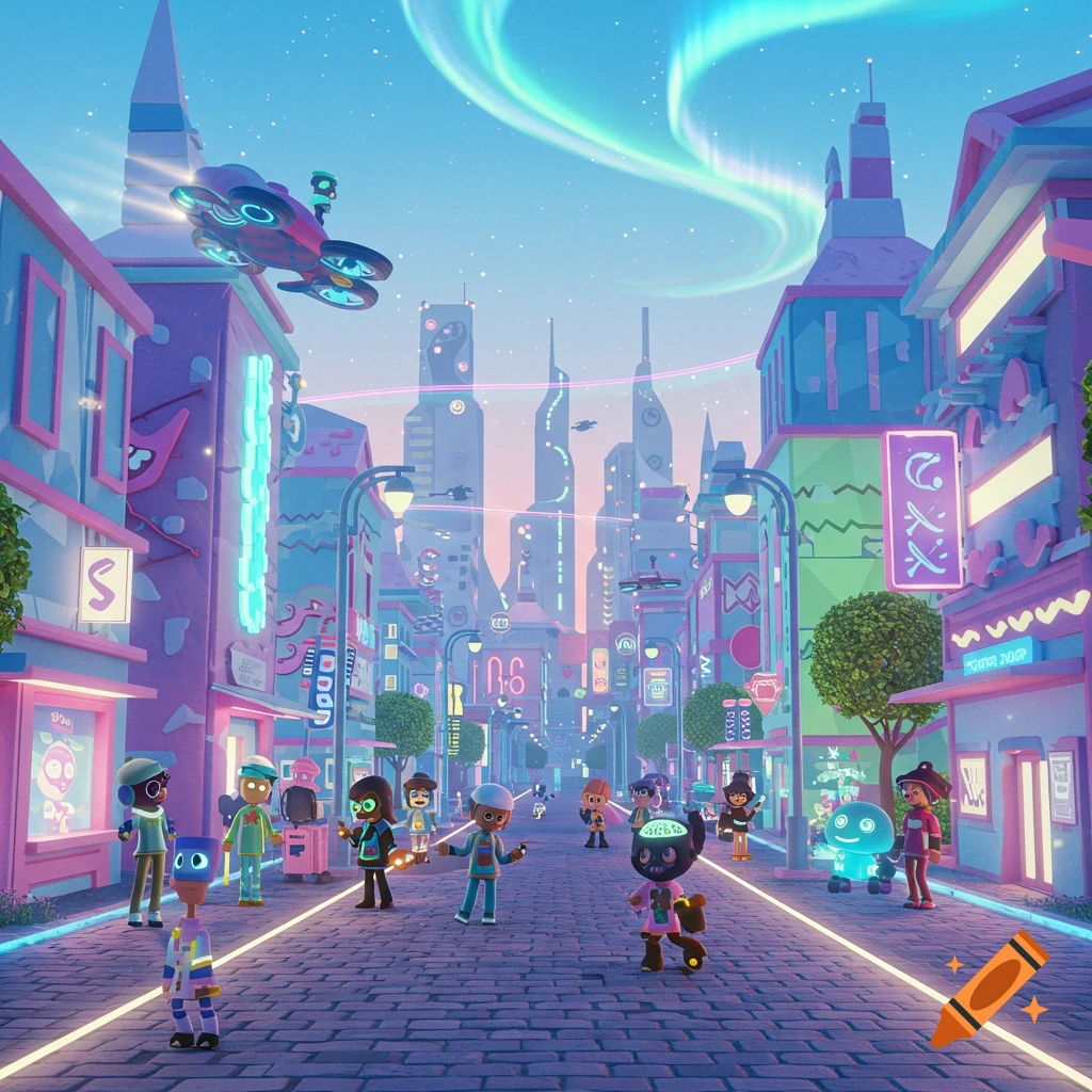 A vibrant, pastel-colored futuristic city street at dusk, with stylized cartoon characters, neon lights on buildings, and a flying drone under an aurora sky.
