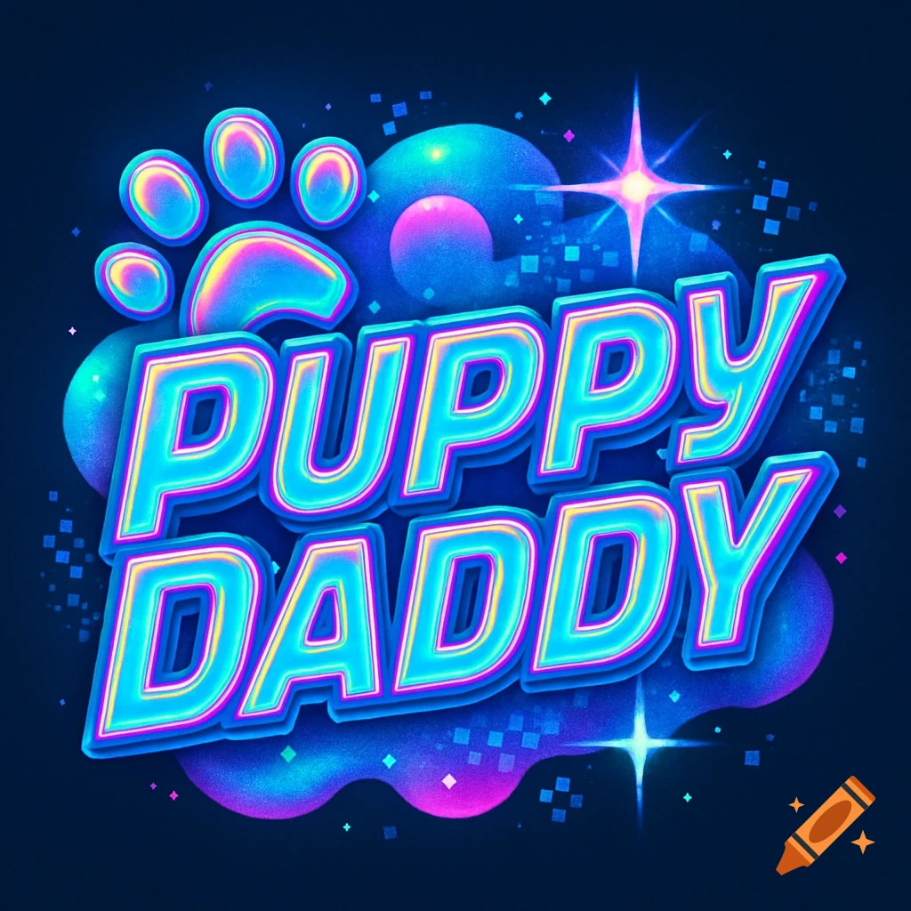 A neon-style logo with 'PUPPY DADDY' text, a large paw print, and glowing abstract shapes in a Y2K aesthetic.