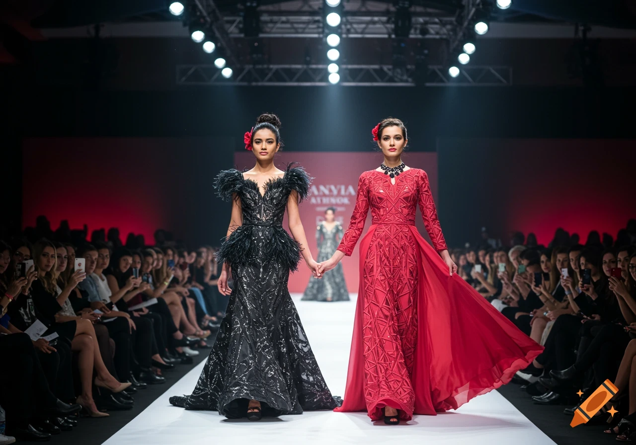 Two models in elaborate gowns walk hand-in-hand down a brightly lit fashion runway, with an audience watching.