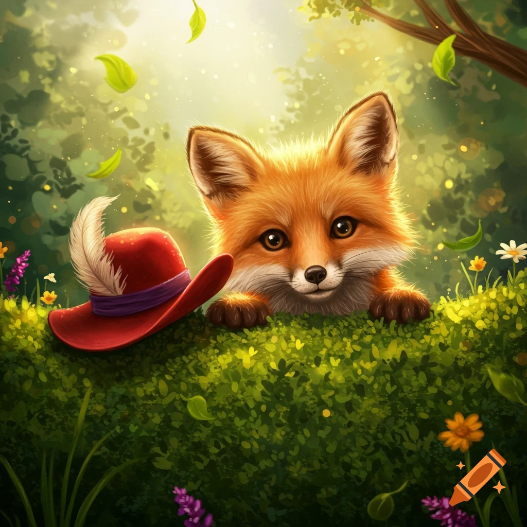 A cute fox peeking over a green bush, with a red hat and feather beside it, in a whimsical forest illustration.