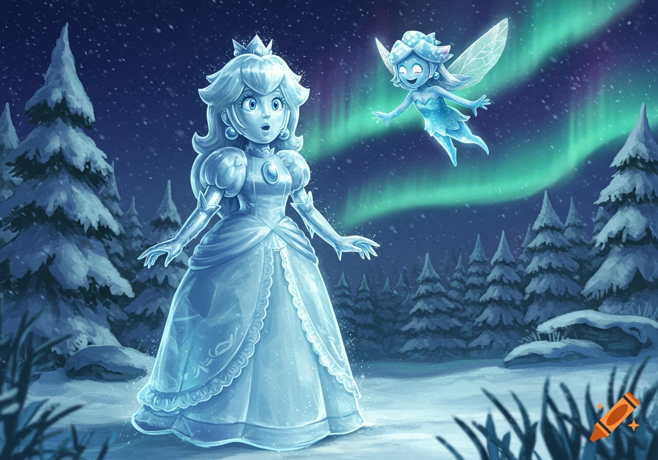 Princess Peach as a surprised ice statue with an ice fairy in a snowy forest under the aurora borealis.