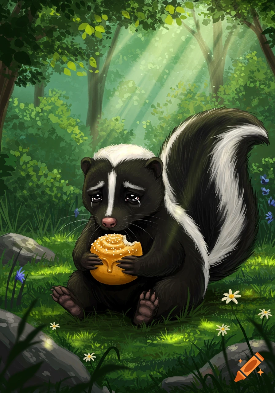 A sad cartoon skunk sits in a forest, holding a bitten honey bun while tears stream from its eyes.