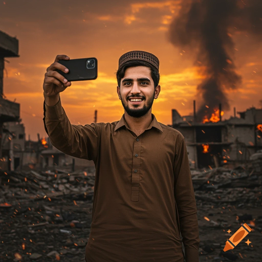 A smiling Pakistani man takes a selfie in a war-torn cityscape with fires burning in the background at sunset, photorealistic.