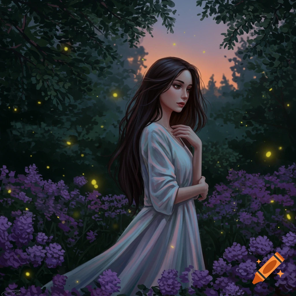 A woman in a white dress stands in a mystical forest at dusk, surrounded by purple flowers and glowing fireflies.