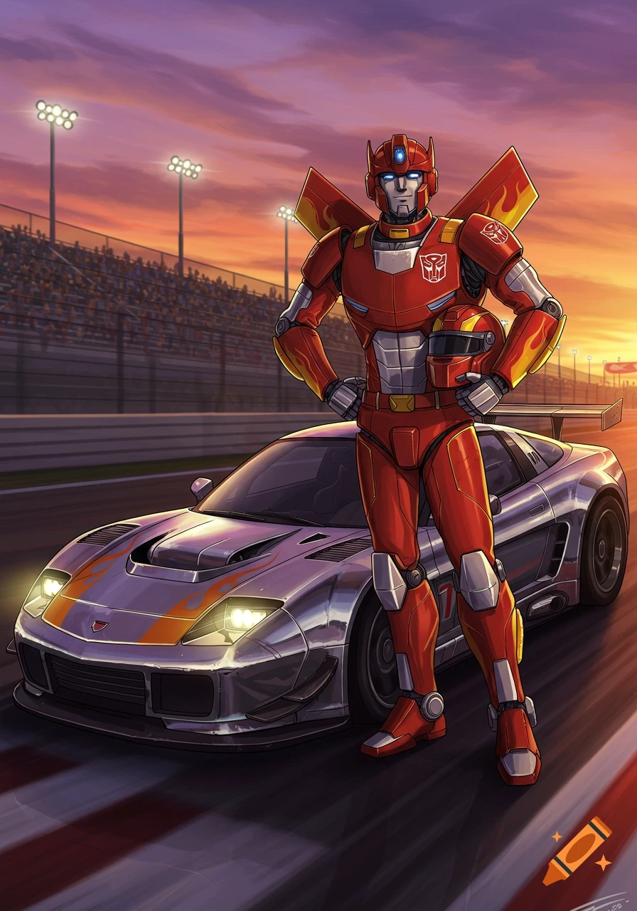 A red robot character with flame details stands next to a silver race car on a track at sunset, with a grandstand in the background. He holds a racing helmet.