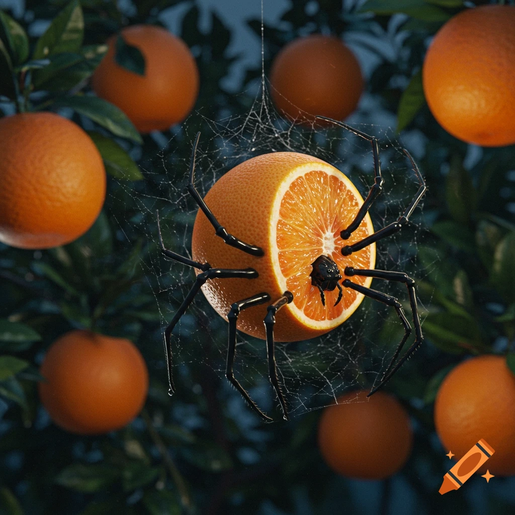 A photorealistic and surreal image of a black-legged spider with a halved orange for a body, hanging in a spiderweb on an orange tree with other oranges.