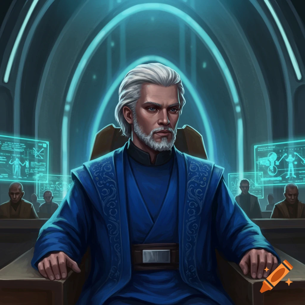 A white-haired man with a beard in blue robes sits in a futuristic council chamber with glowing holographic screens.