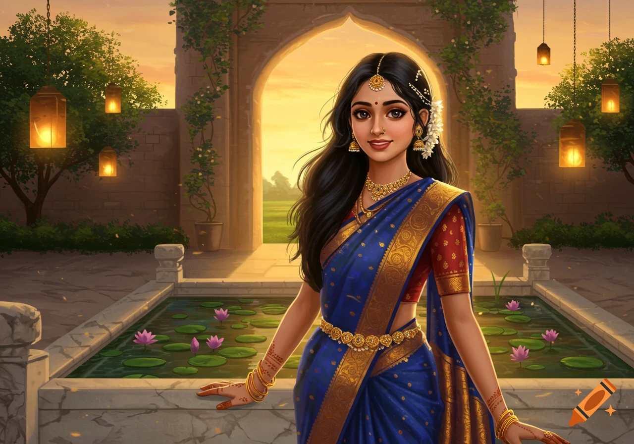 An Indian woman in a blue and gold saree and jewelry smiles in a lush garden with water features and lanterns at sunset. Stylized illustration.