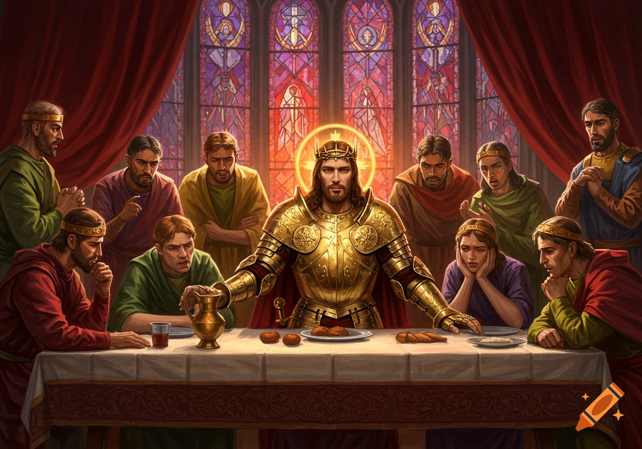 Jesus as a warrior king in golden armor seated at a long table with disciples, against a backdrop of stained glass windows, in the style of a classical painting.