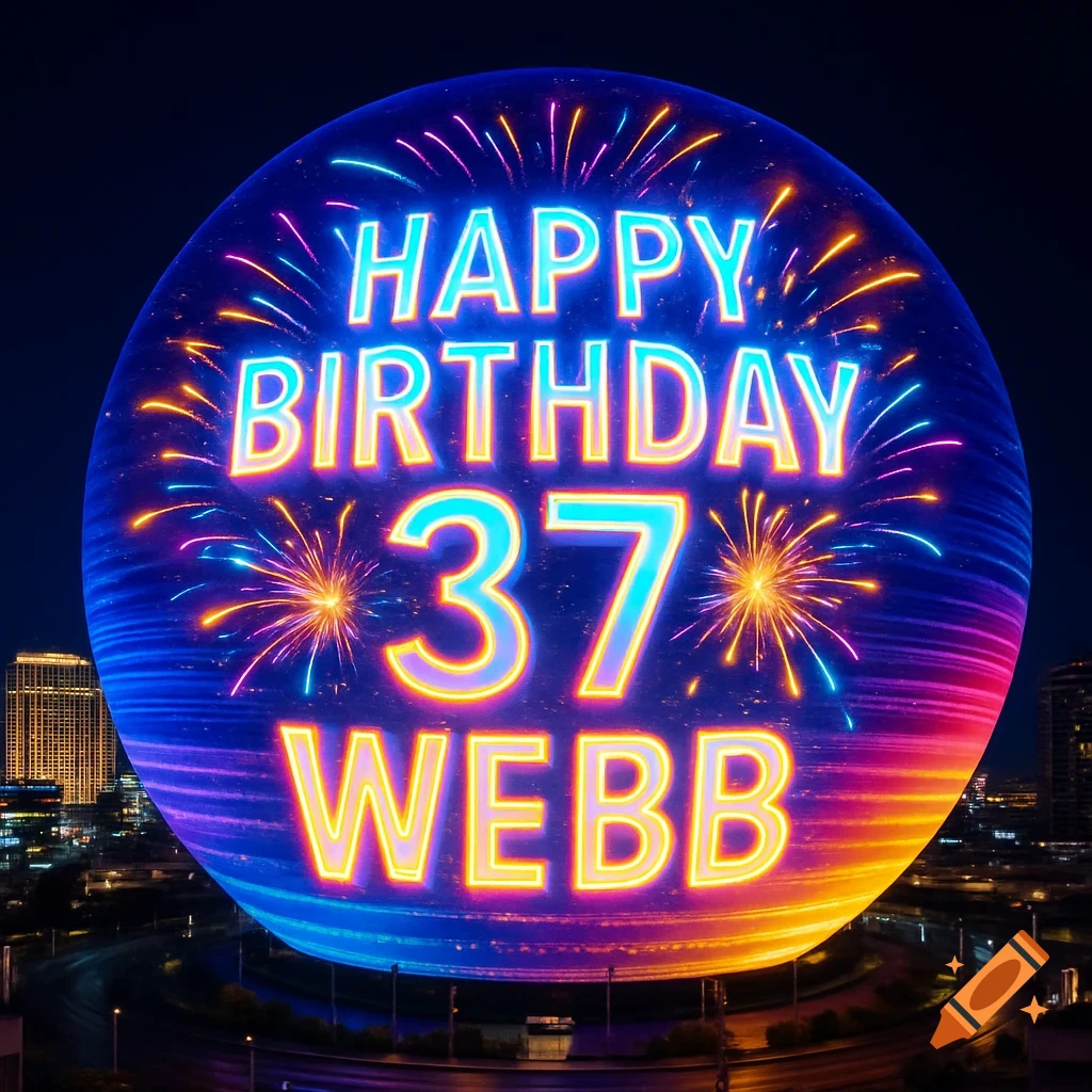 Large illuminated sphere at night displaying 'HAPPY BIRTHDAY 37 WEBB' and fireworks over a city.