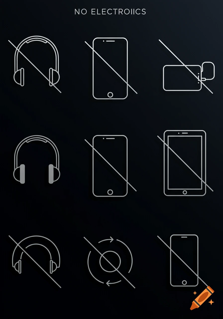 A grid of nine minimalistic line-art icons on a black background, depicting various electronics like headphones, phones, and a camera, all crossed out with a diagonal line.