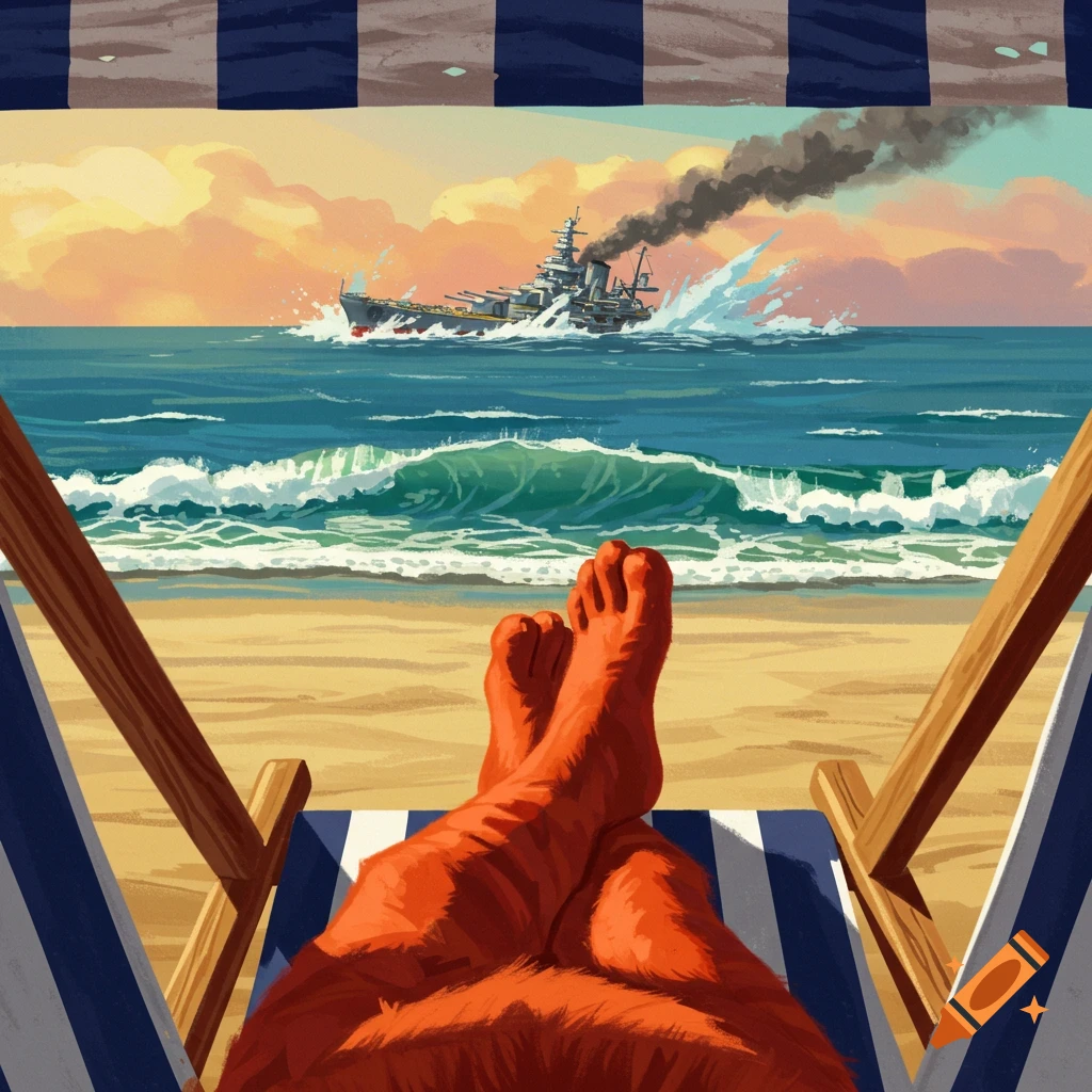 First-person view of red furry legs in a beach chair overlooking a battleship on the ocean.