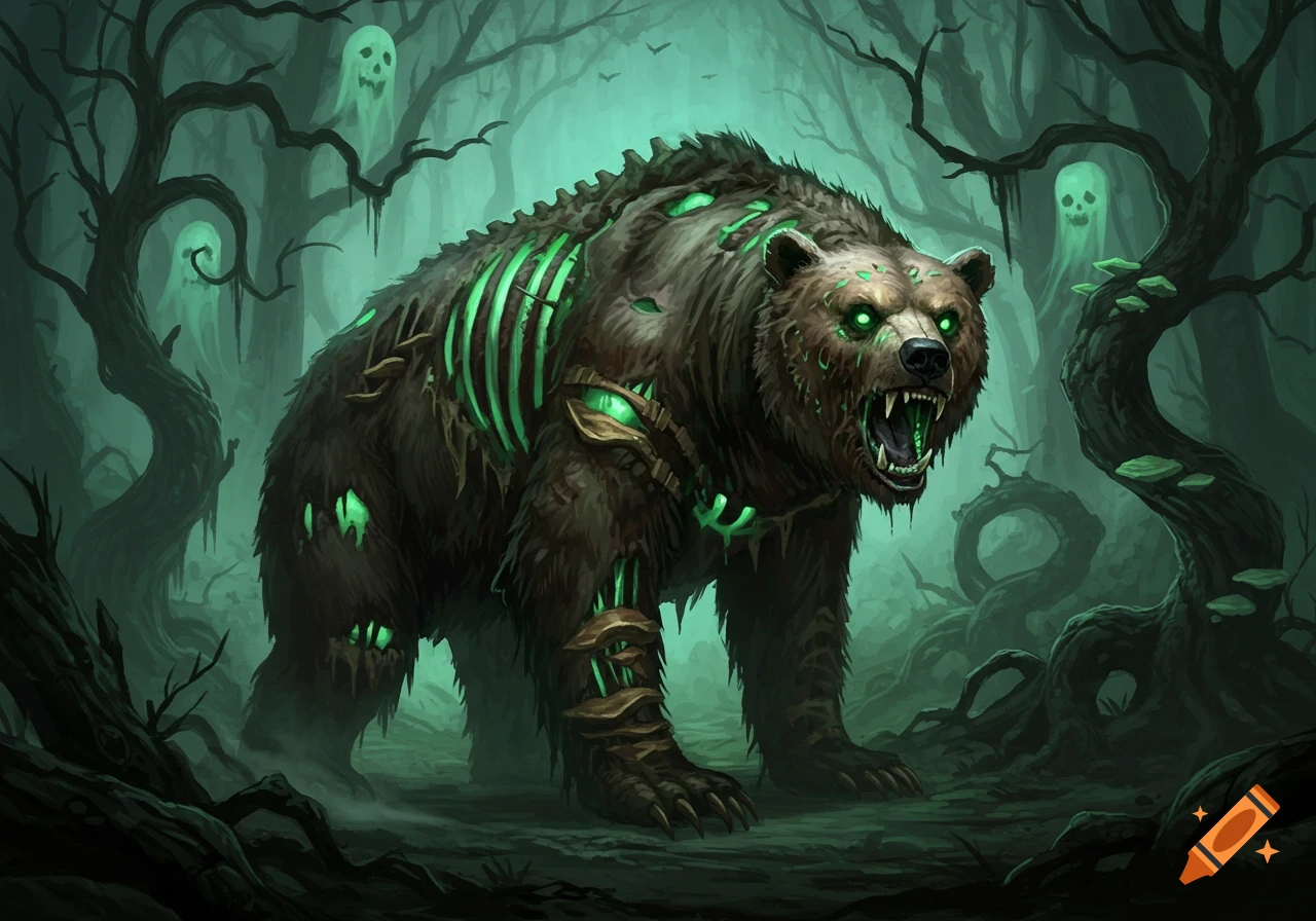 A fearsome undead bear with glowing green eyes and exposed ribs stands growling in a spooky, dark forest with ghostly figures.