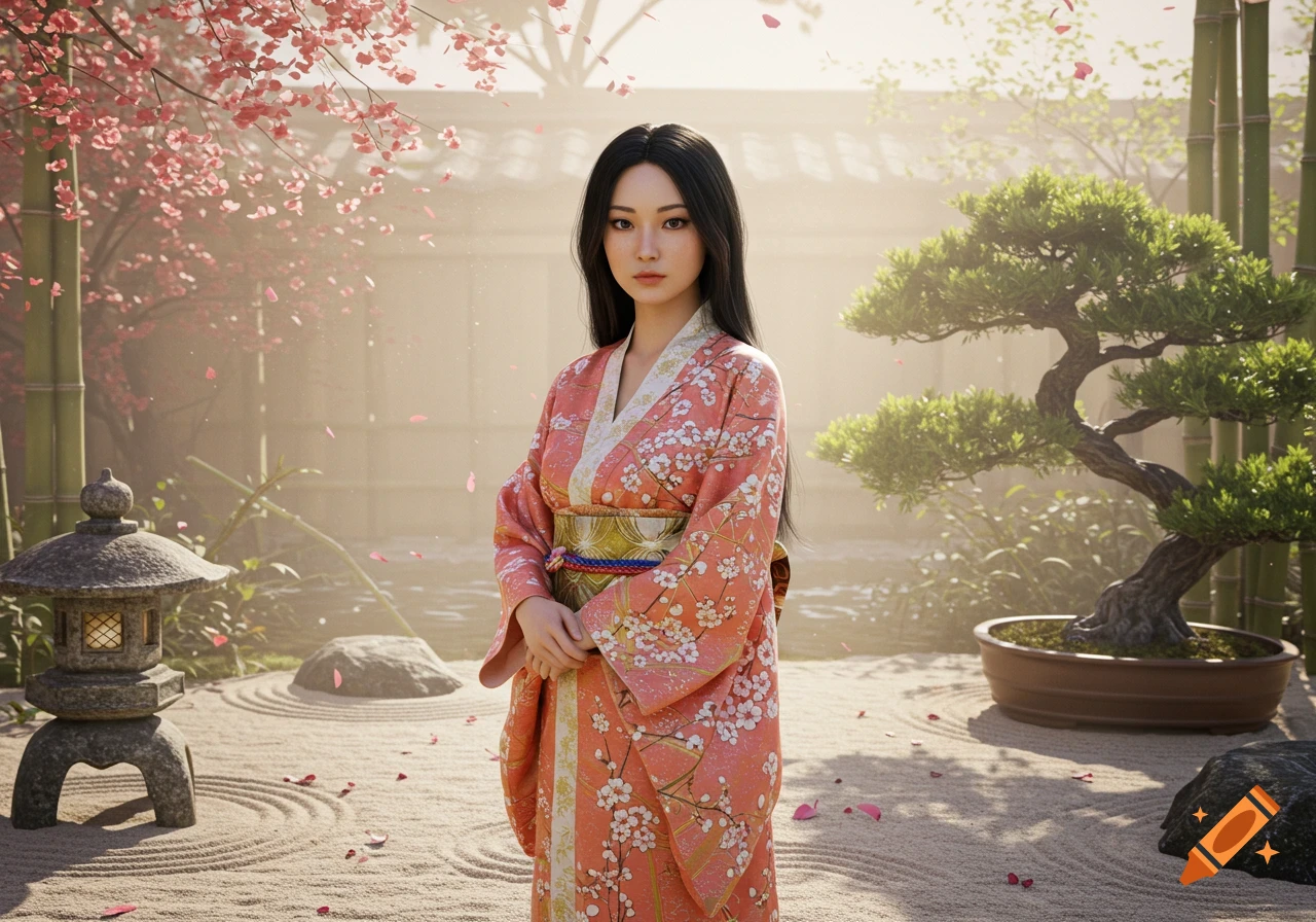 A photorealistic portrait of a young Asian woman in a pink kimono standing in a Japanese garden with cherry blossoms and a bonsai tree.