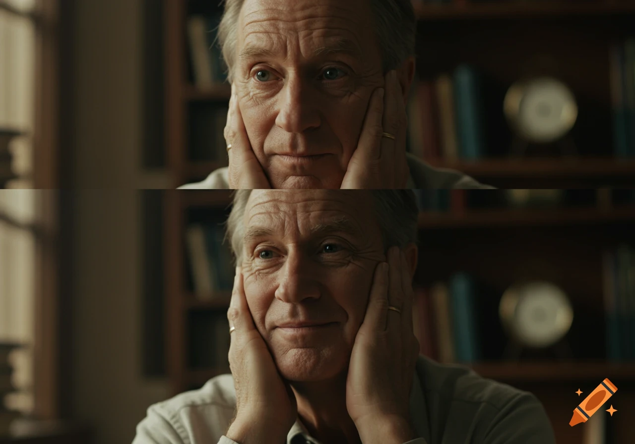 Photorealistic portrait of an older man with his hands on his cheeks, looking upwards.