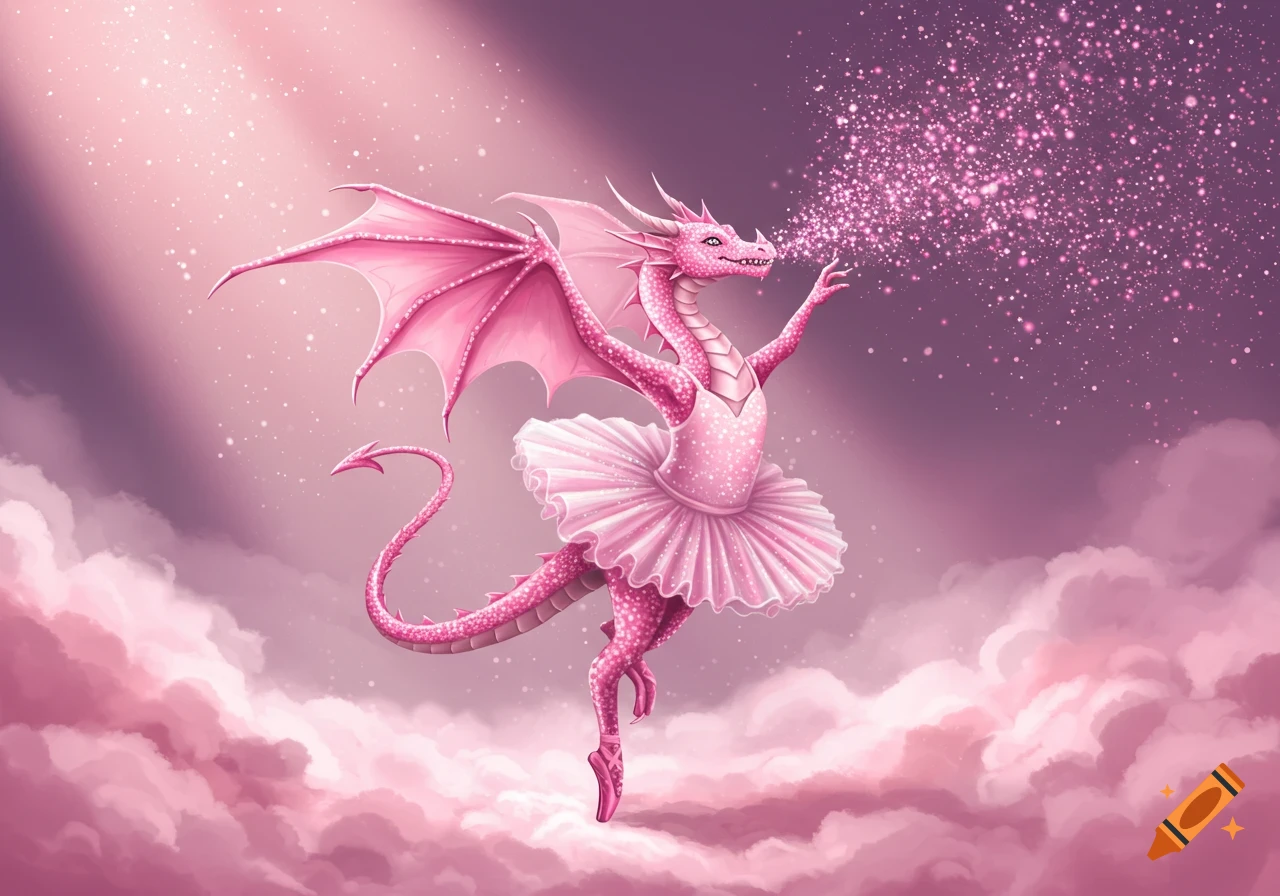 A pink, sparkly dragon in a ballerina tutu dances on pointe amidst pink clouds, breathing pink glitter.