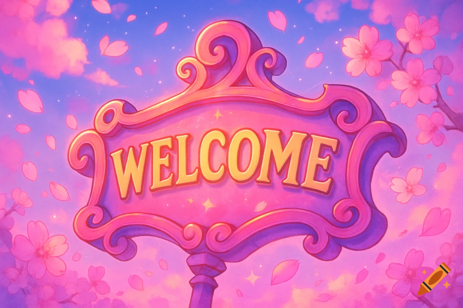 A pink and purple 'WELCOME' sign surrounded by cherry blossoms and falling petals against a blue and pink sky, in an anime style.