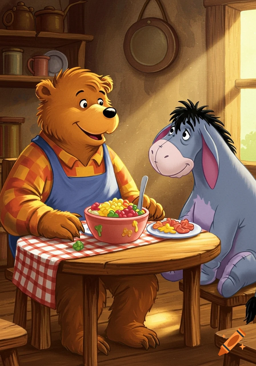 Pa Bear and Eeyore sit at a table with a colorful bowl of food and a plate of sausages, in a rustic, sunlit room.