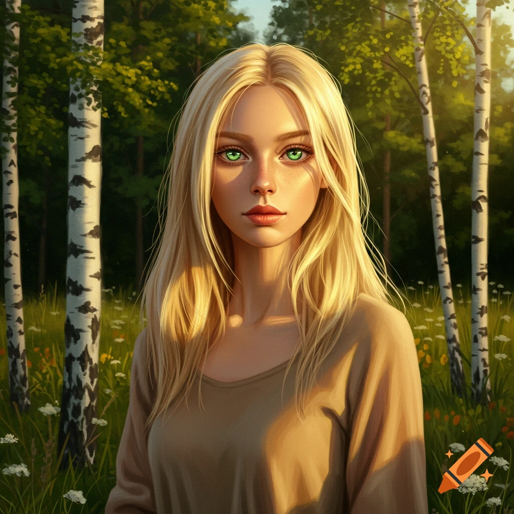 A digital painting of a blonde woman with striking green eyes, standing in a sunlit birch forest filled with wildflowers.