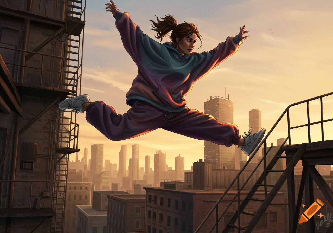 An illustrated woman in baggy clothes jumps between rooftops in a city at sunset.