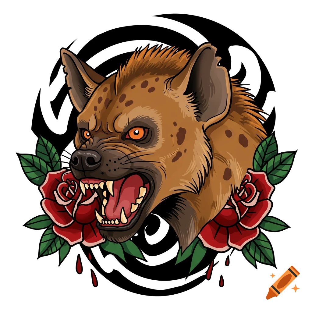An aggressive hyena head with bared teeth and orange eyes, flanked by two red roses with green leaves, in an American traditional tattoo style.
