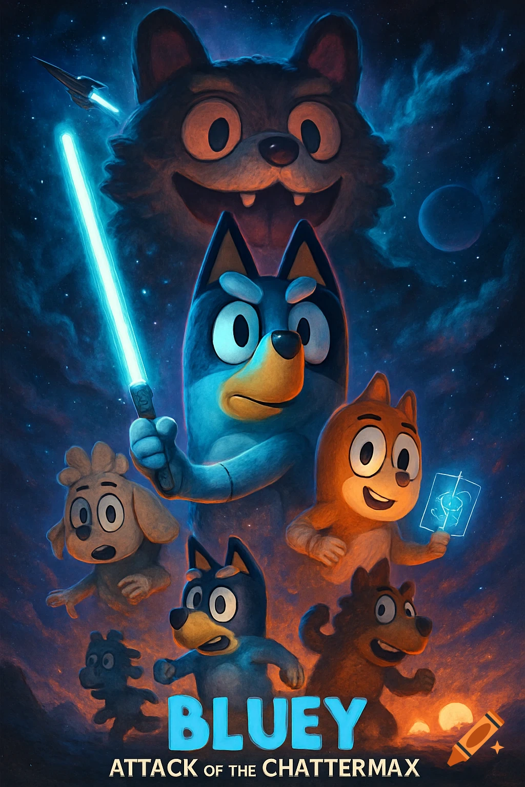 Bluey and other cartoon dog characters on a Star Wars-style movie poster in space, with Bluey holding a lightsaber.
