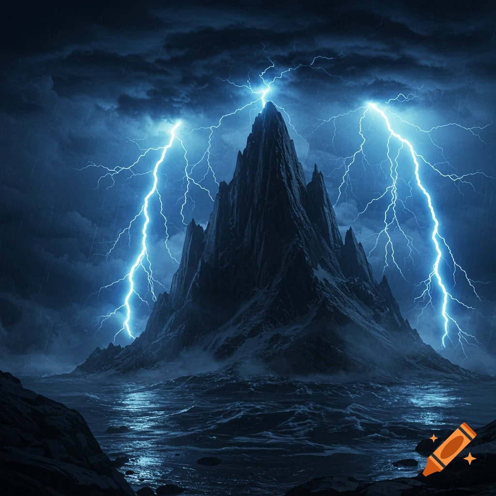 A dramatic, dark mountain landscape under a stormy sky, with multiple bright blue lightning bolts striking the jagged peak and turbulent waters below.