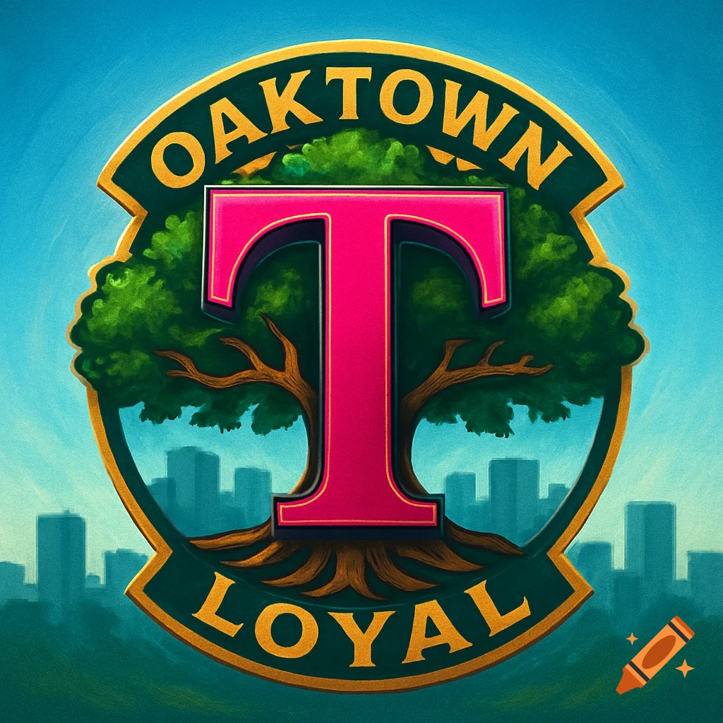 A stylized logo with 'OAKTOWN' and 'LOYAL' in a gold frame, surrounding a large pink letter 'T' and a green tree with roots, against a city skyline.