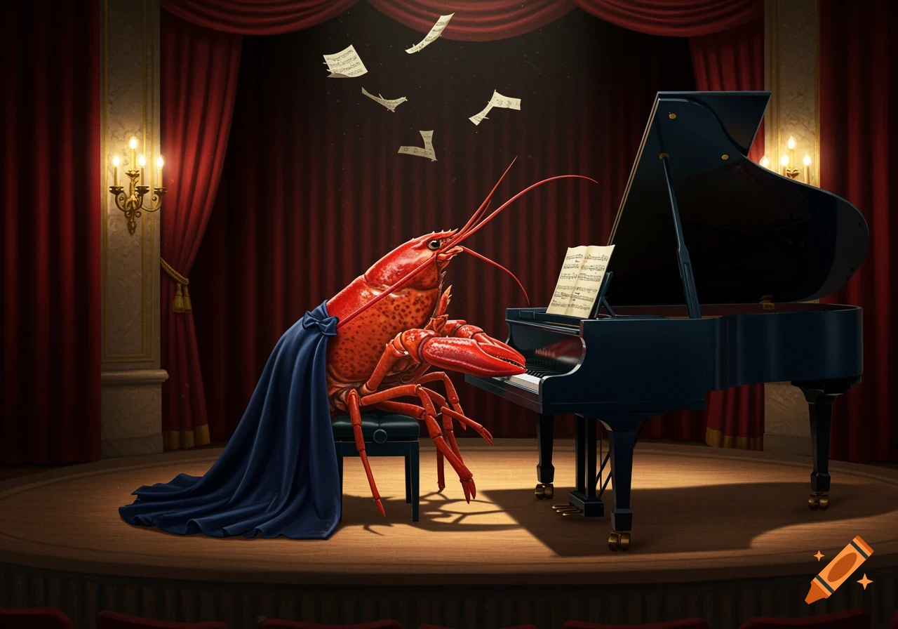 A anthropomorphic red lobster wearing a blue cape sits at a grand piano on a stage, playing music with sheet music flying above.