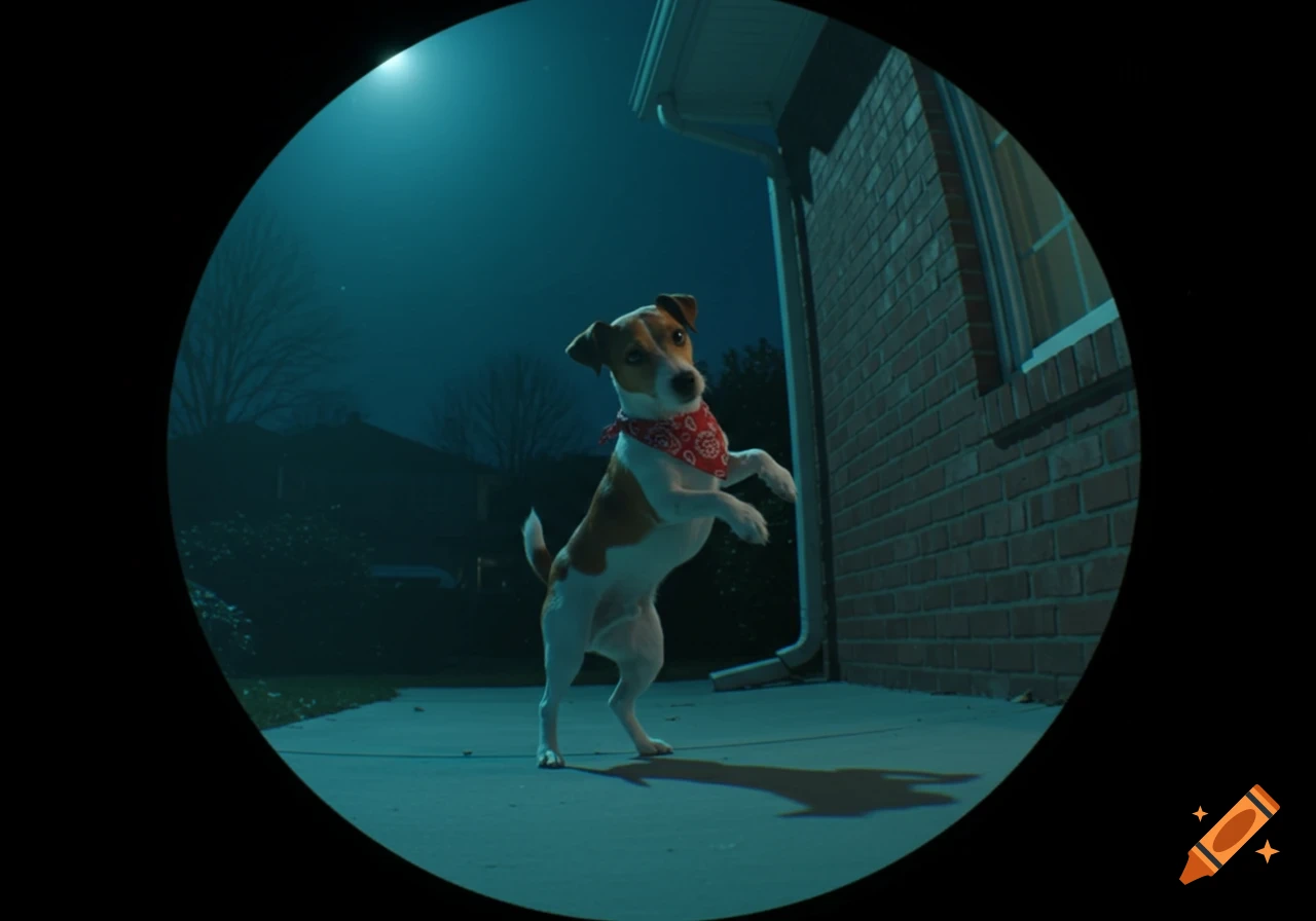 A small dog wearing a red bandana stands on its hind legs on a concrete patio at night, viewed through a fisheye lens.