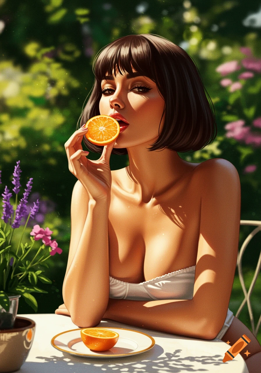 A woman with a bob haircut holds an orange slice to her mouth in a sunny garden.