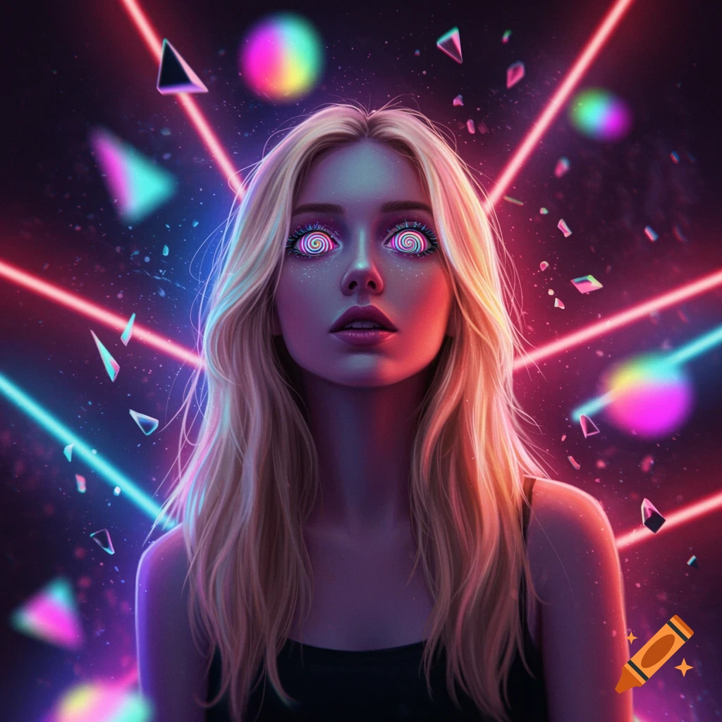 Blonde woman with spiral eyes staring forward, surrounded by neon laser beams and geometric shapes in a dark, psychedelic digital art style.