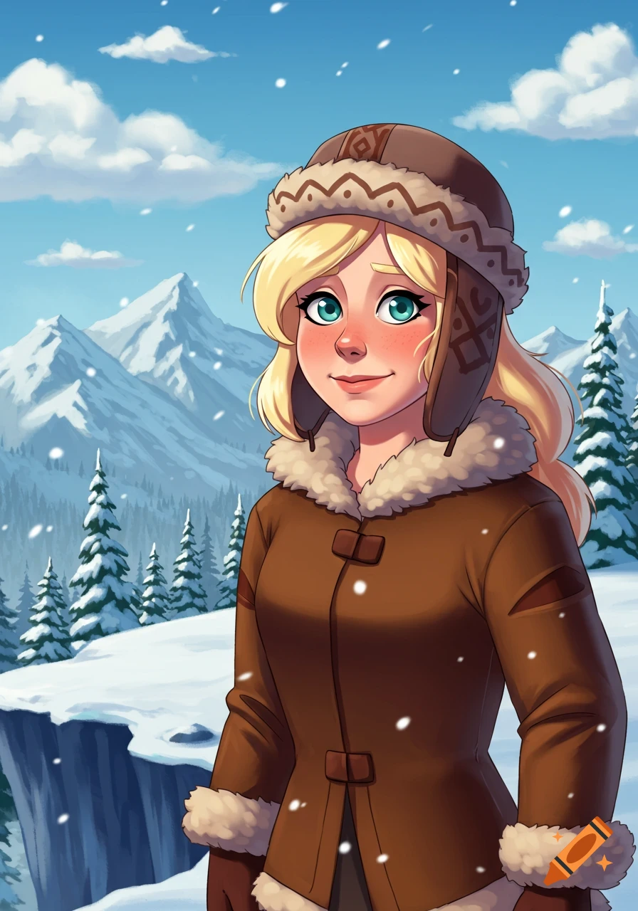 A cartoon female character with blonde hair and blue-green eyes wears a fur-lined brown coat and hat in a snowy mountain landscape.