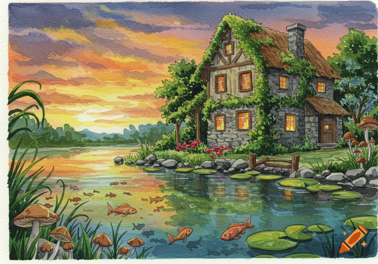 Colorful watercolor illustration of a charming ivy-covered stone house by a lake at sunset, with fish and mushrooms.