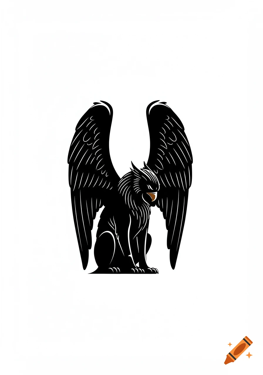 A simple black graphic outline of a griffin sitting with its wings outstretched on a white background.