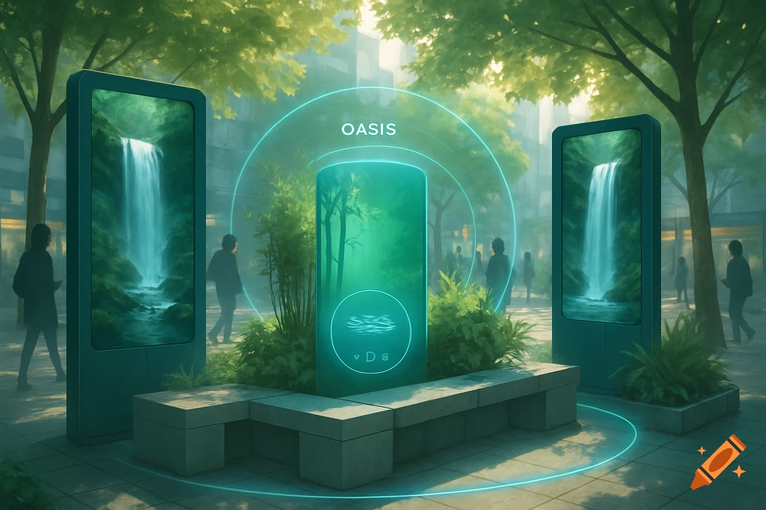 A futuristic urban park with glowing green interactive displays showing waterfalls and the word 'OASIS', with silhouetted people.