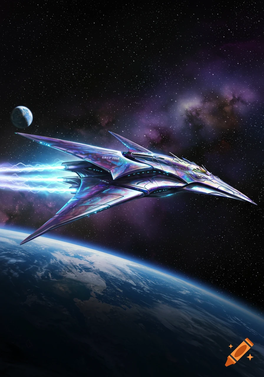 A sleek, futuristic purple and silver spaceship with glowing blue engines flies above a planet, with stars and a nebula in the background.