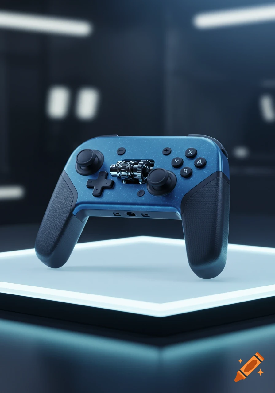 A blue video game controller with a metallic crank on a glowing pedestal in a dark, futuristic setting.