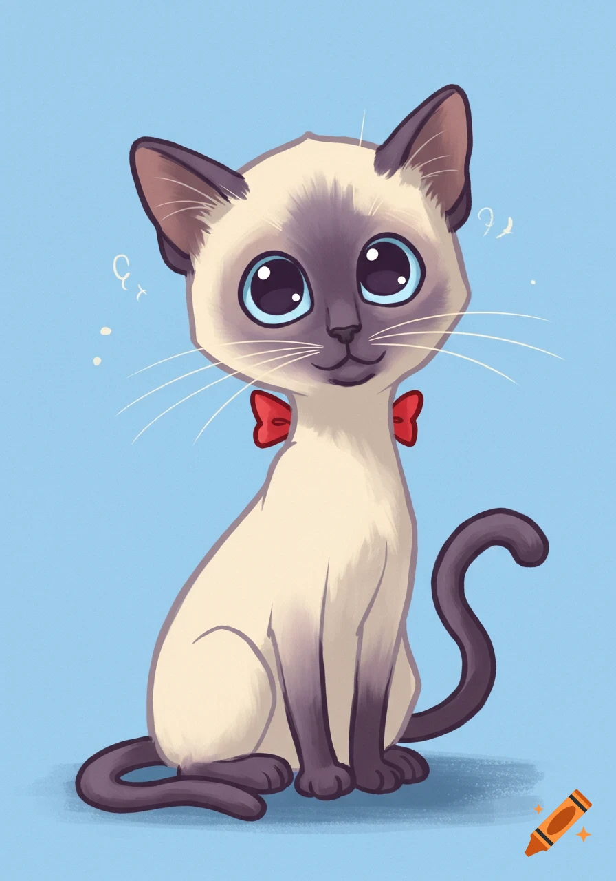 A cute cartoon Siamese cat with blue eyes and a red bow tie sits against a light blue background.