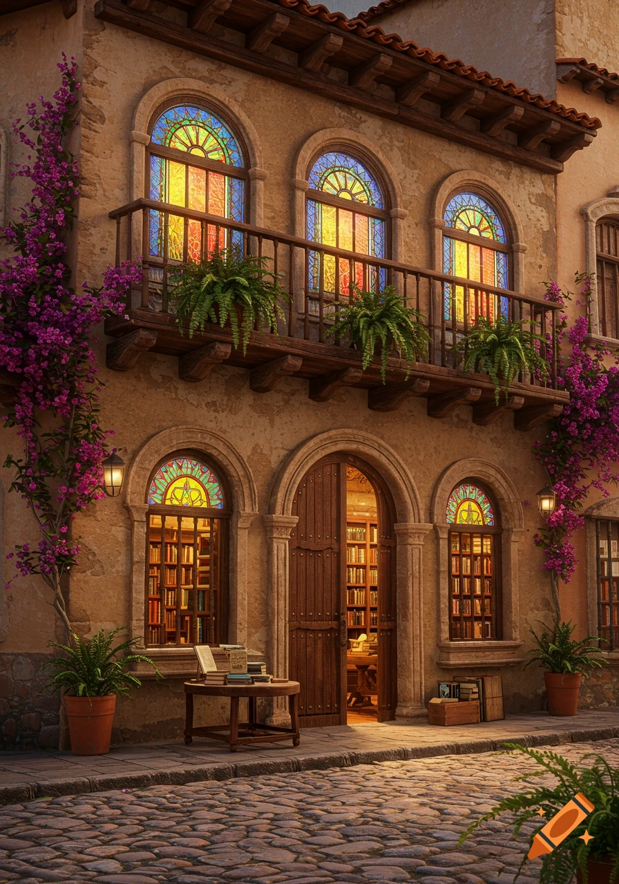 Photorealistic image of a beautiful Spanish colonial building with colorful stained glass windows, a balcony, and a cobblestone street.
