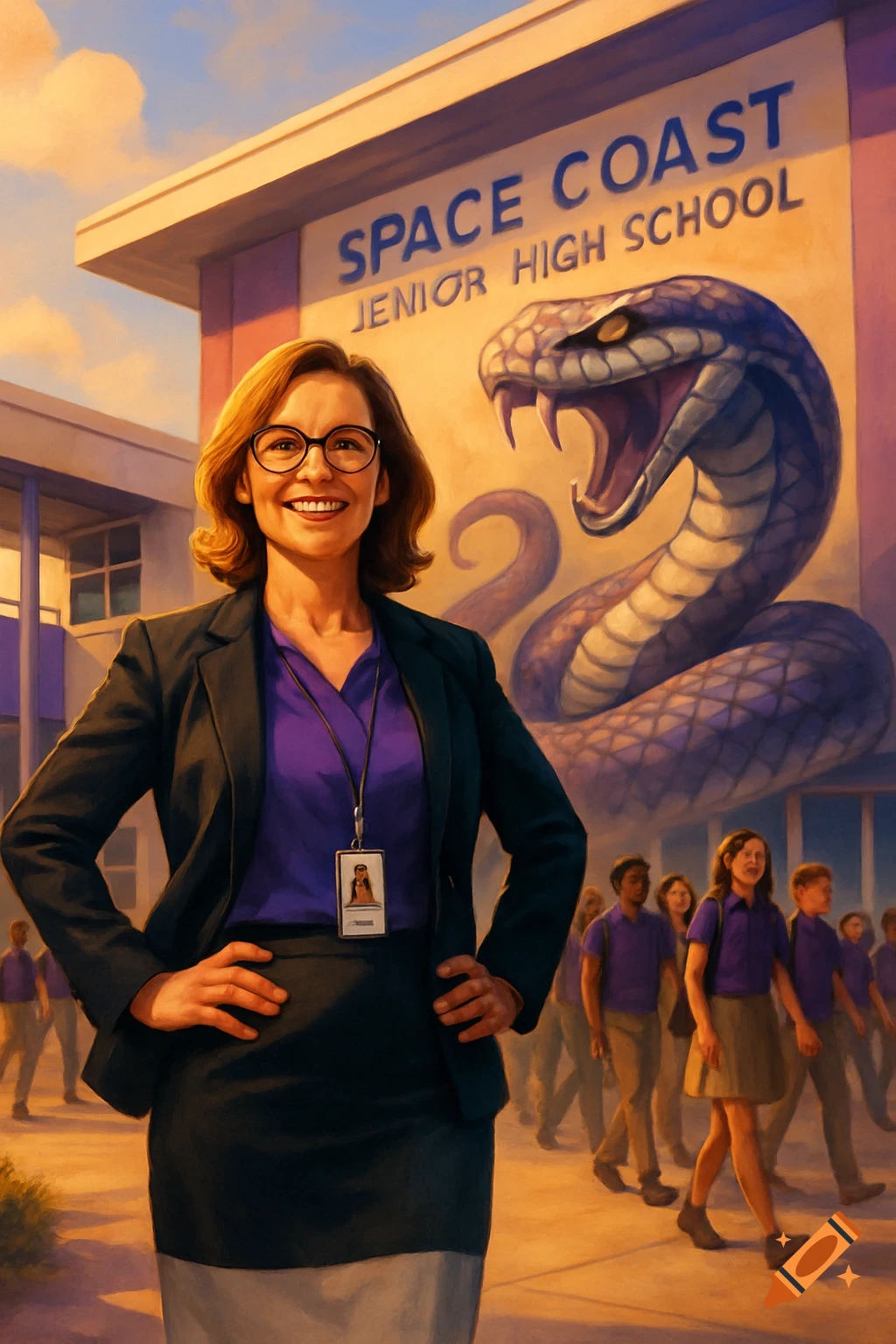 A smiling woman in glasses stands in front of a school building with "SPACE COAST JUNIOR HIGH SCHOOL" and a viper mascot painted on it. Students walk in the background.