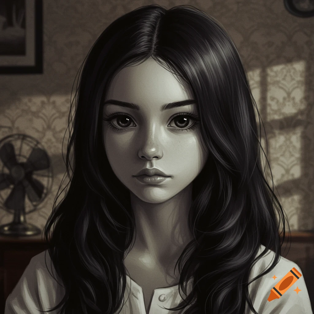 Grayscale digital painting of a girl with black hair and dark eyes looking forward in a dim room with a fan.