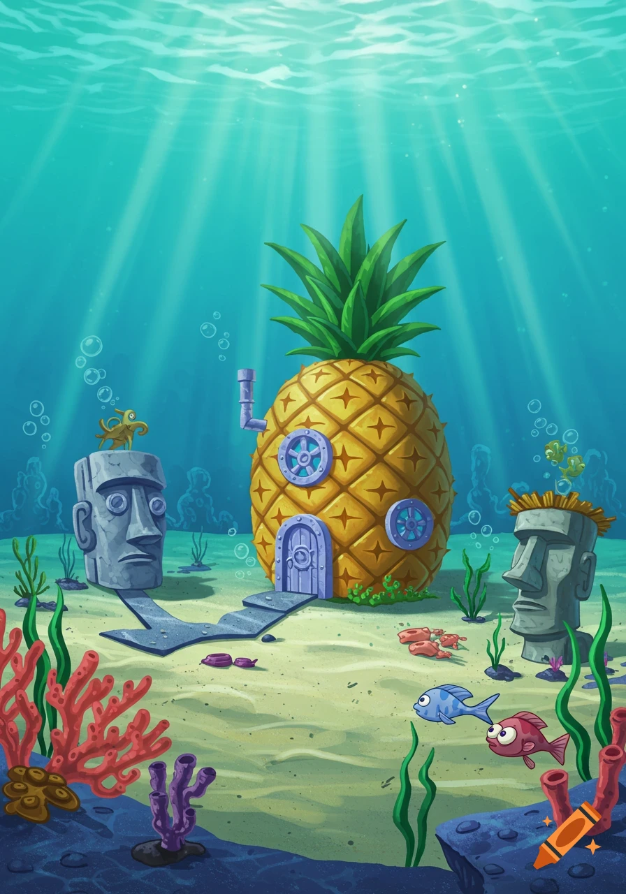 A vibrant cartoon underwater scene features a yellow pineapple house with purple doors and windows, flanked by two gray Moai head statues on a sandy seafloor amidst coral, seaweed, and fish.