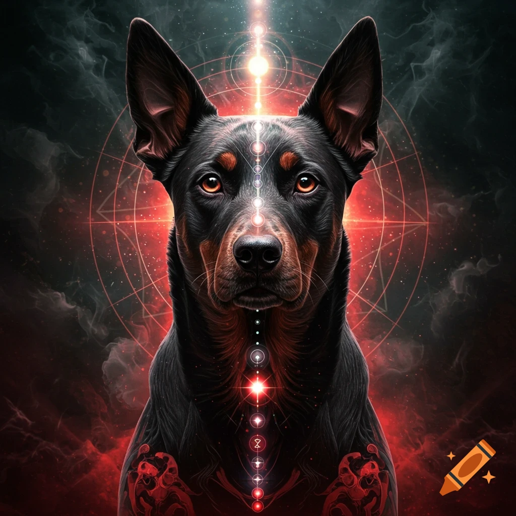 A black and brown dog portrait with glowing orange eyes, mystical red and white geometric patterns on a dark background.