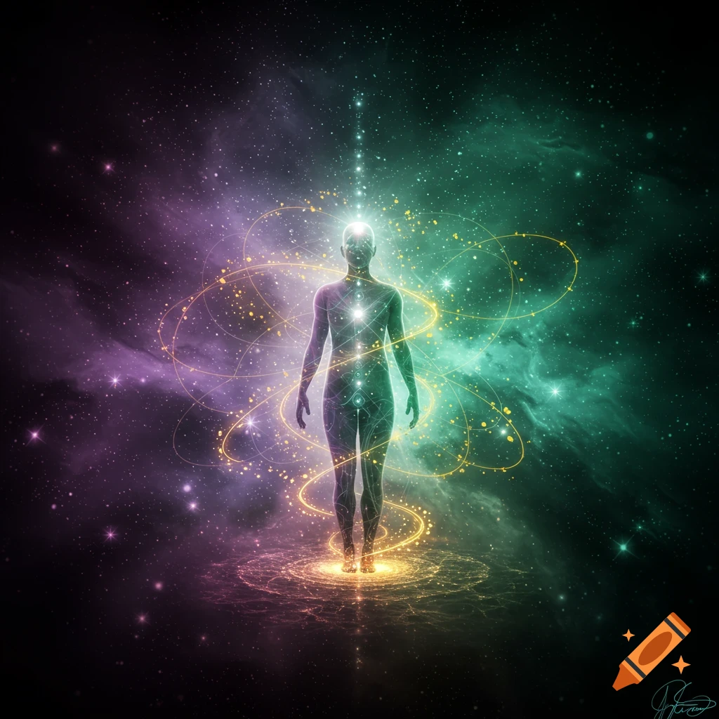 Luminous, stylized human figure glowing in a vibrant purple and green cosmic nebula with stars and energy paths.